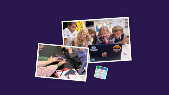 A collage containing a group of young kids gathered around a computer, a group of adults holding a drone, and the UDL Guidelines icon