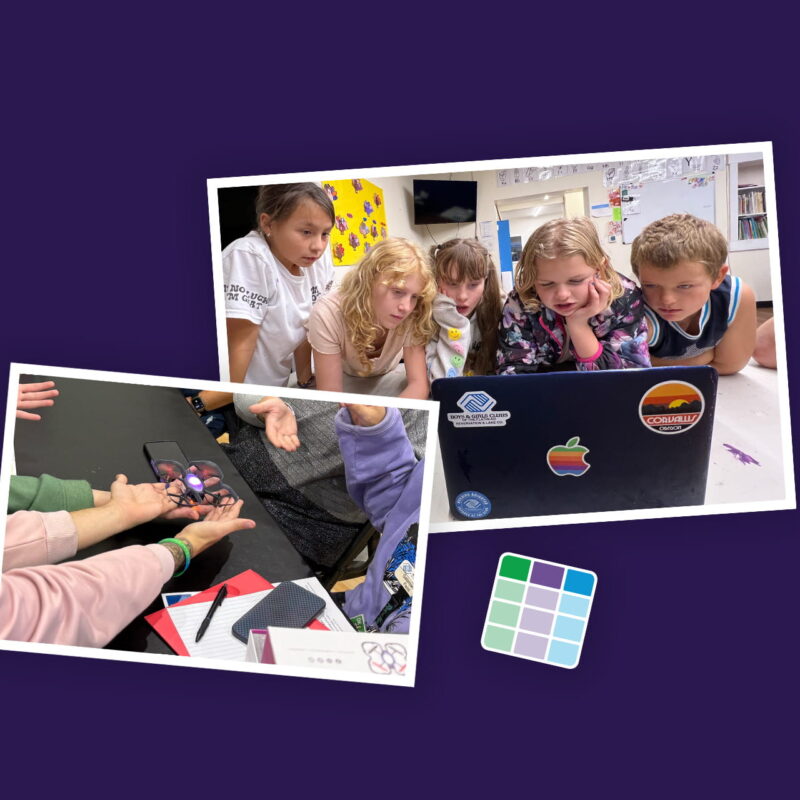 A collage containing a group of young kids gathered around a computer, a group of adults holding a drone, and the UDL Guidelines icon