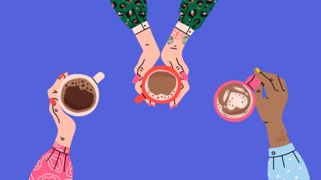 Illustration of three people's hands holding cups of coffee