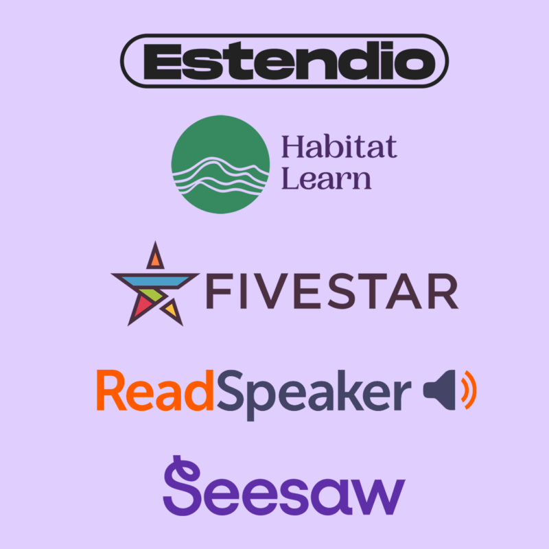 Logos for sponsors Estendio, Habitat learn, Fivestar, Read Speaker, and Seesaw.